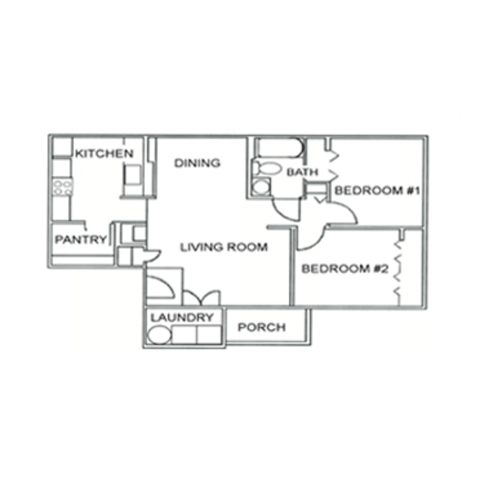 Floor plan for 2 beds, 1 bath, 879 sqft